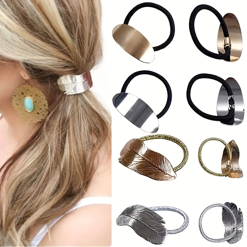 

Bohemian Style Alloy Hair Tie Set - 4 Piece Minimalist Metallic Hair Rings With Leaf Design & Textured Ponytail Holders For Women 14+, Sequined Accessories Gift Pack