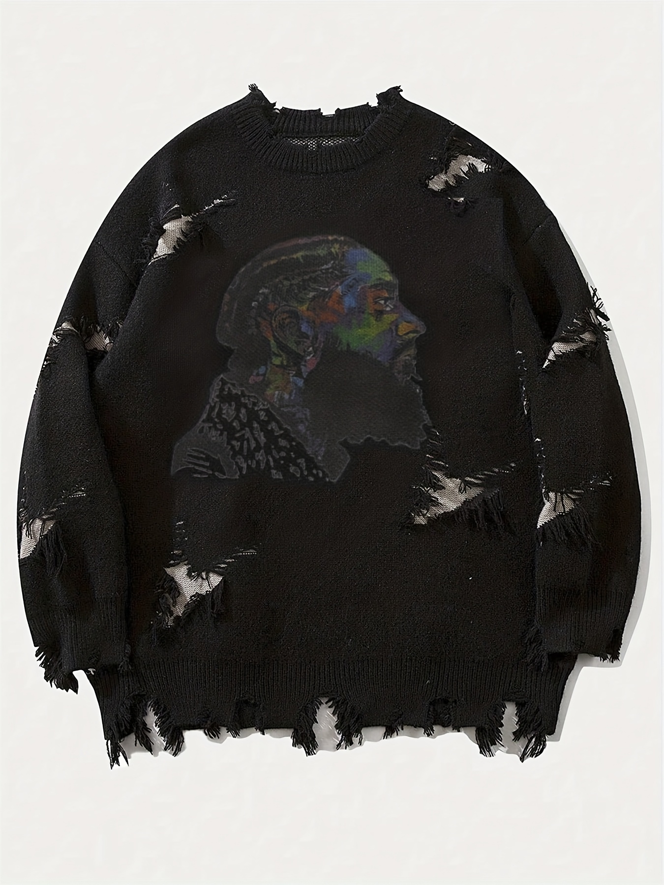 Men'S Casual Crew Neck Knit Sweater with Artistic Graffiti Portrait | Loose Fit, Ripped Details, Long Sleeve, Comfortable Texture for Fall/Winter - Image 7
