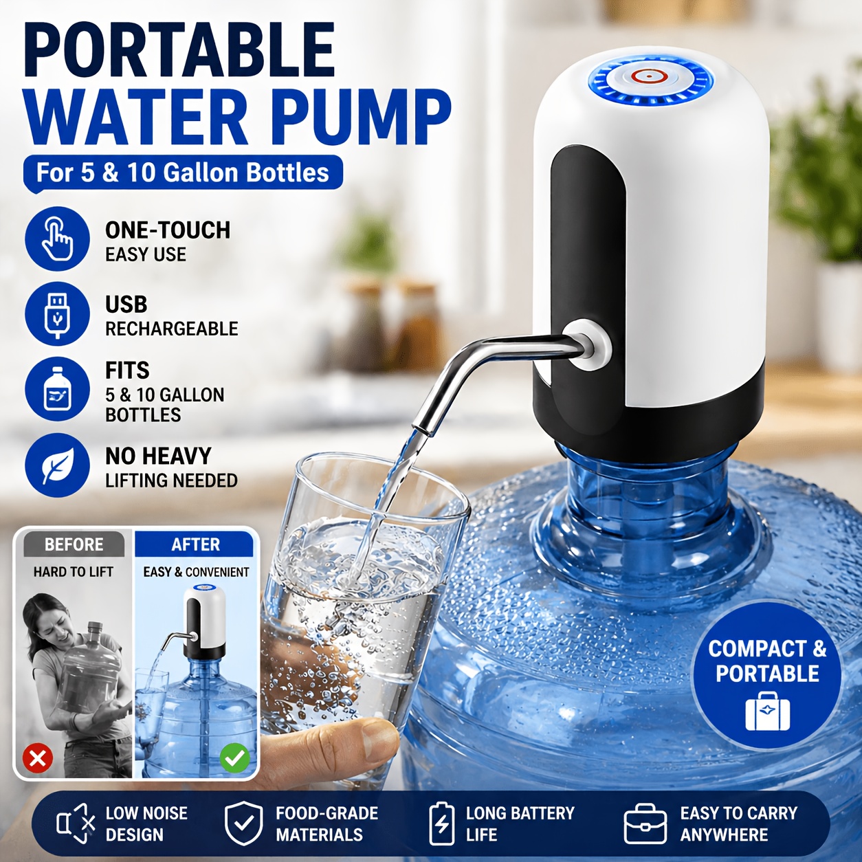1pc portable water pump for   gallon bottles usb rechargeable automatic dispenser     no heavy lifting