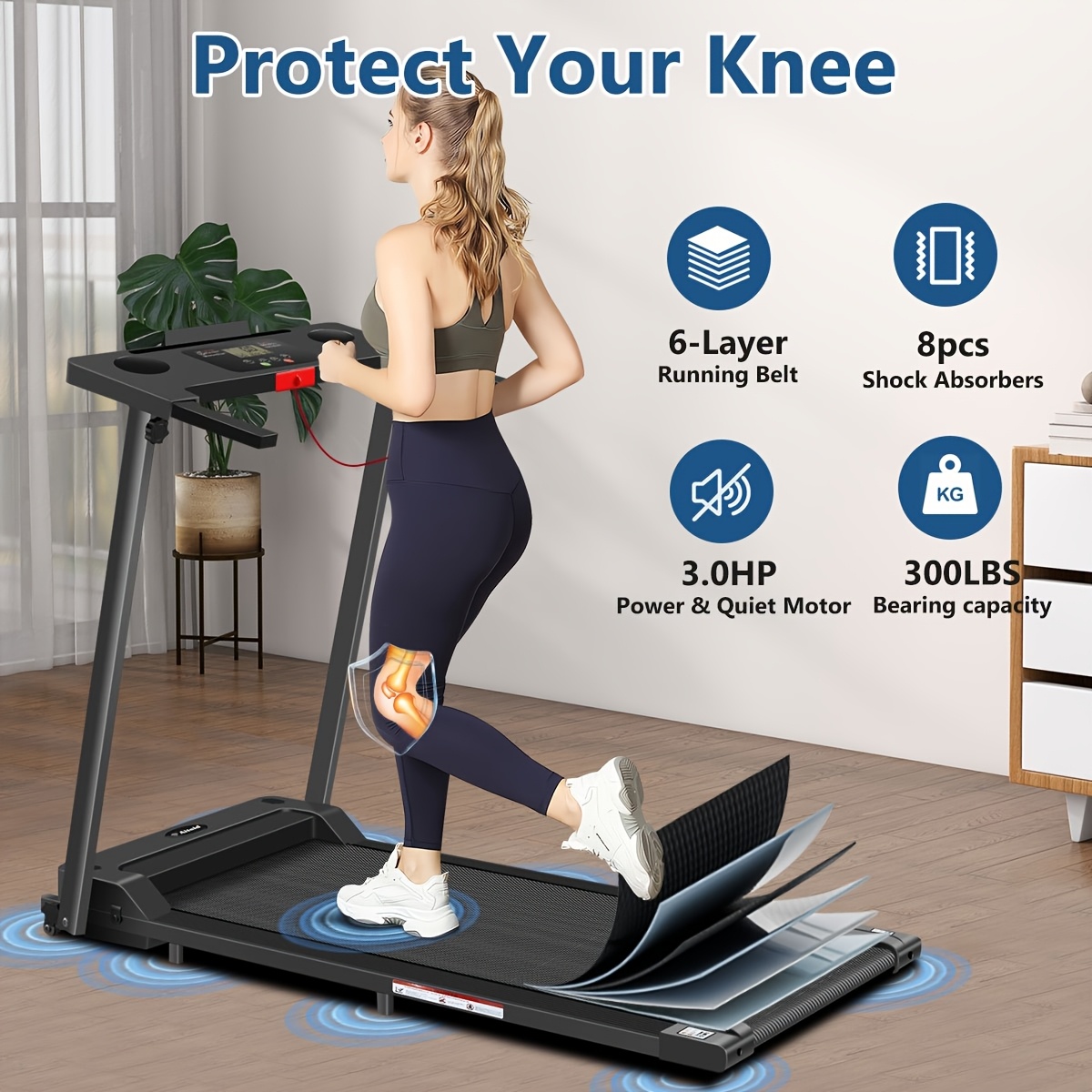 [Portable Treadmill] 3.0HP Foldable Portable Home Treadmill | Load-bearing 300 LBS, Small Home Office Walking Treadmill, Armrest, LED Display, Walking Jog, Plug-in