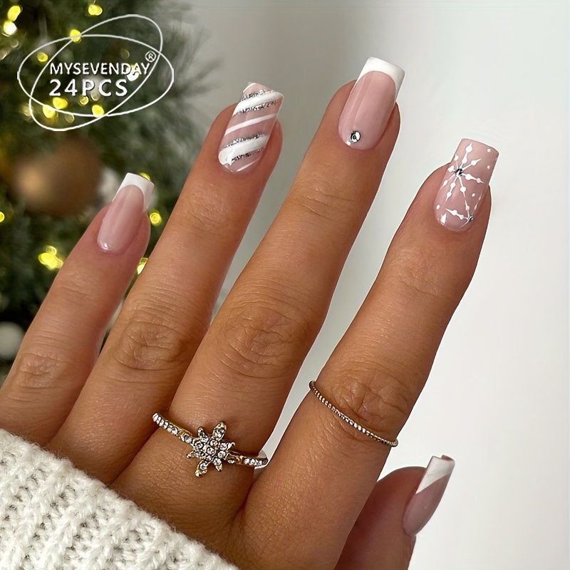 Christmas Nails 24pcs Press On Nails Square False Nails, Stripes Snowflake Rhinestone Shimmering-powder Women's Fake Nails, Daily- Reusable