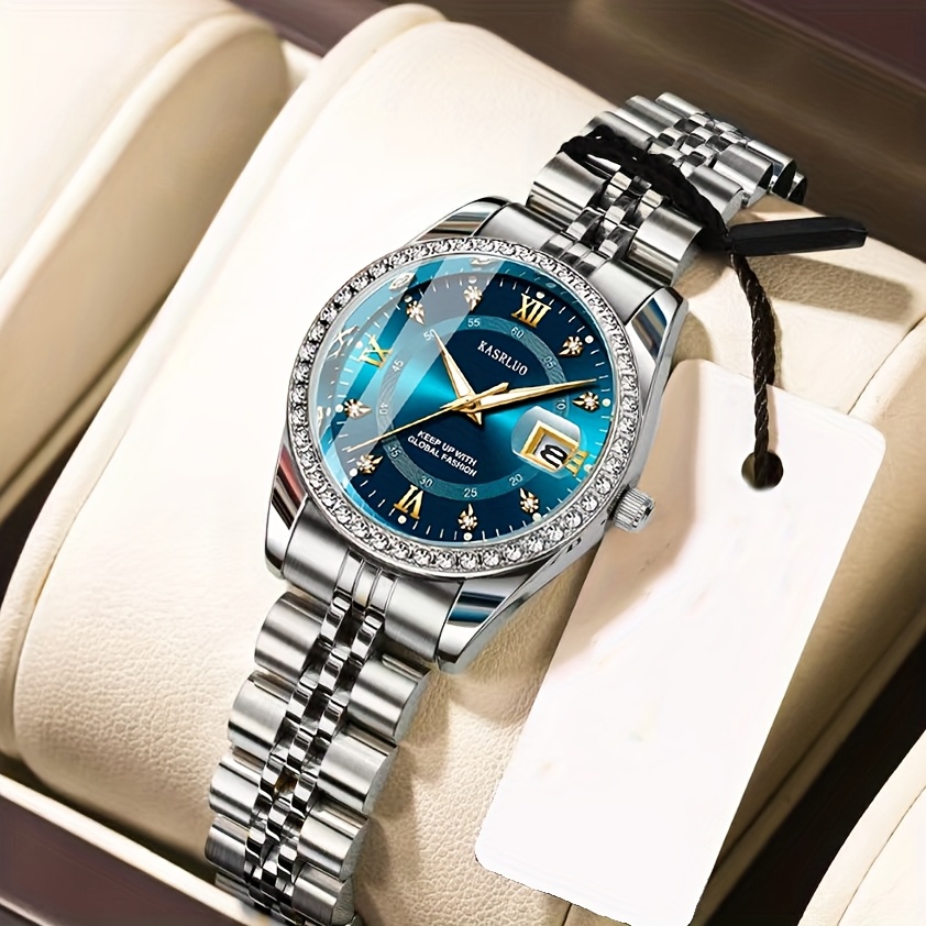 KASRLUO Women's Stainless Steel Quartz Watch with Luminous Rhinestone Date Display, Blue Dial & Golden-Tone Band - Elegant Business Style, Casual Elegance | Elegant Timepiece | Luminous Dial