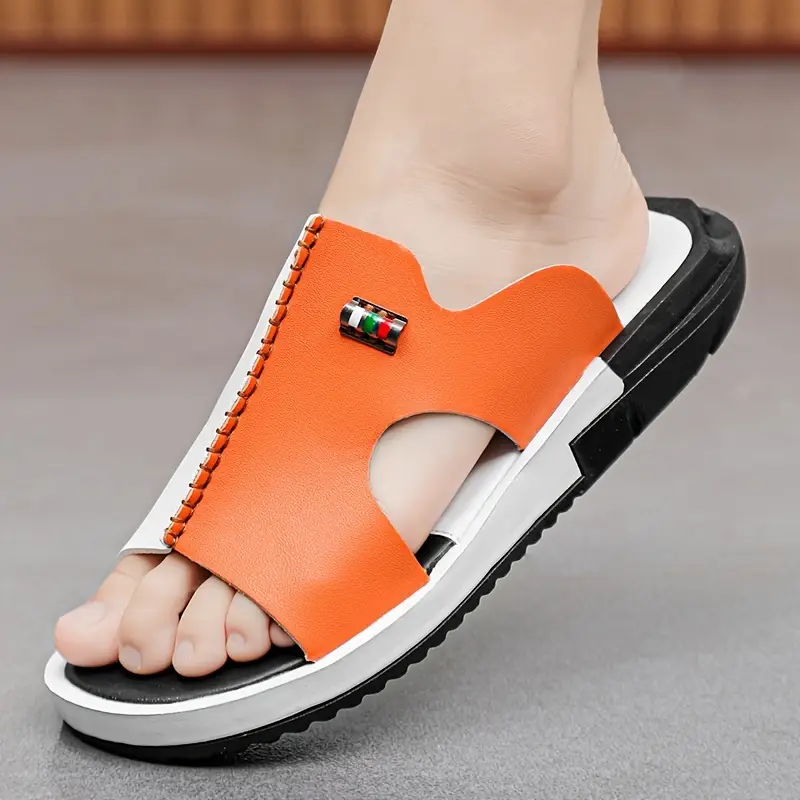 mens color casual slides with microfiber leather casual non slip open toe for indoor outdoor walking spring and summer details 4