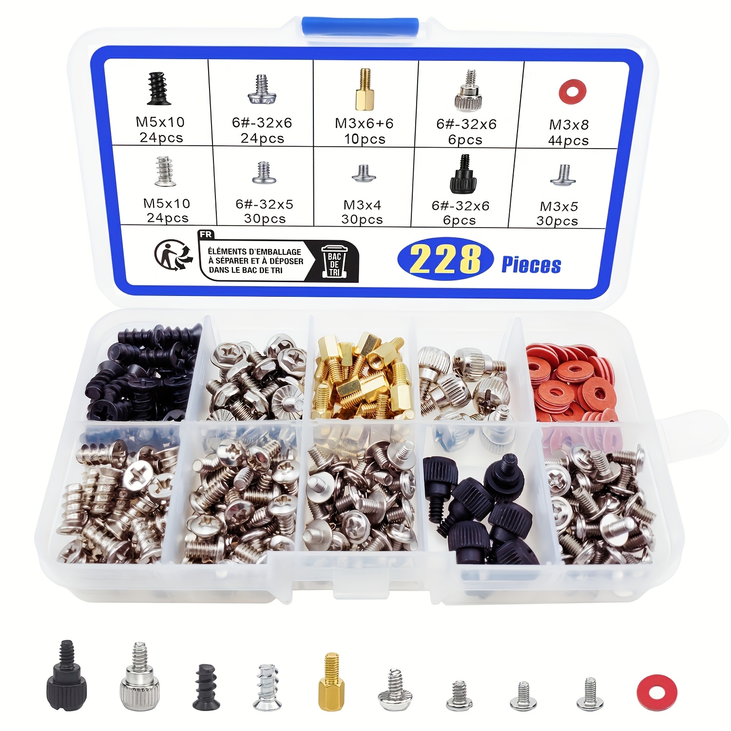 Image of 228pcs Computer Screw Assortment Kit - Standoffs, Nvme, Hdd Hard Drive, Fan, Chassis, Atx Case, Motherboard, Case Fan, Graphics, Ssd, Spacer, Rubber Feet