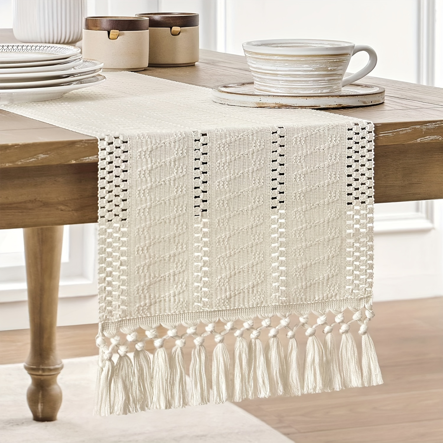 

Bohemian Macrame Crochet Polyester Table Runner With Tassels - Solid Color Woven Rectangle Farmhouse Rustic Boho Splicing Table Runner For Wedding, Dining, Party, Holiday, And Home Decor