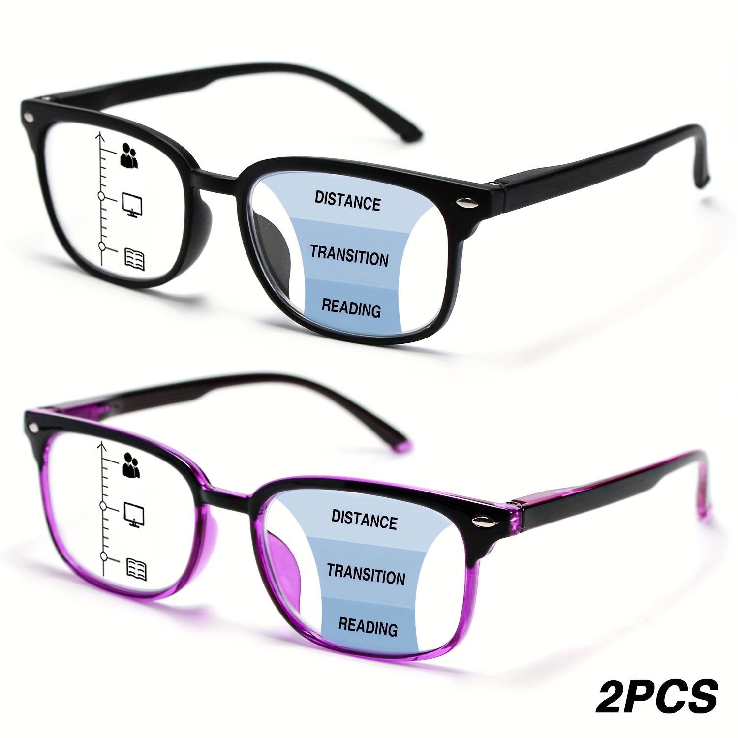 2pcs Multifocal Reading Glasses with Progressive Lenses (+1.0 to +4.0), Black Rectangular Frames &amp; Purple Gradient Tint, Lightweight PC Material, Spring Hinge Design for Men and Women, Buy 1 Get 1 Free, Reading Accessories