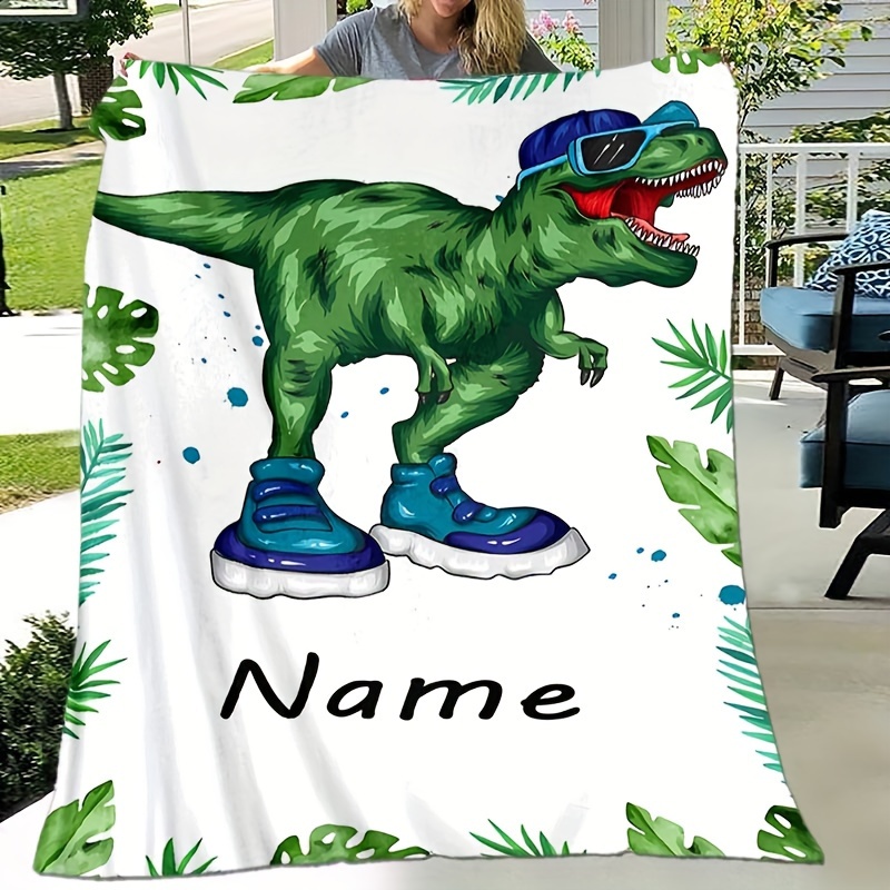 

Customizable Green Dinosaur Flannel Blanket - For Couch, Bed, Travel, Camping | Personalized Gift For