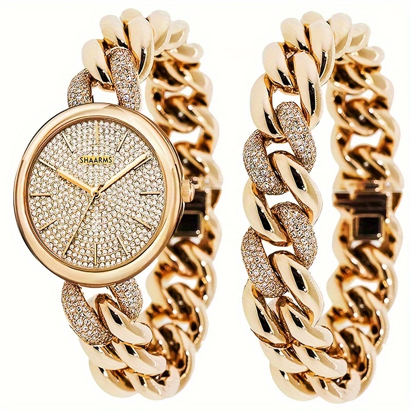 

2pcs New Fashion Retro Golden Quartz Watch + Simple Bracelet Set Classic Rhinestone Best Gift For Friends