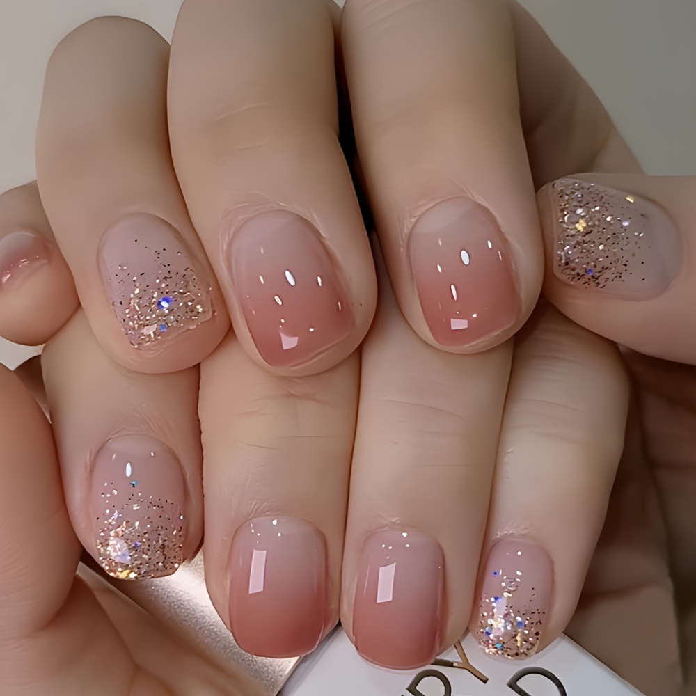 

24pcs Glossy Short Oval Press-on Nails - Pinkish Gradient French Style With Sparkling Glitter Tips, Reusable Fake Nails For Women, Casual Attire Or Special Occasions, Cute Nails