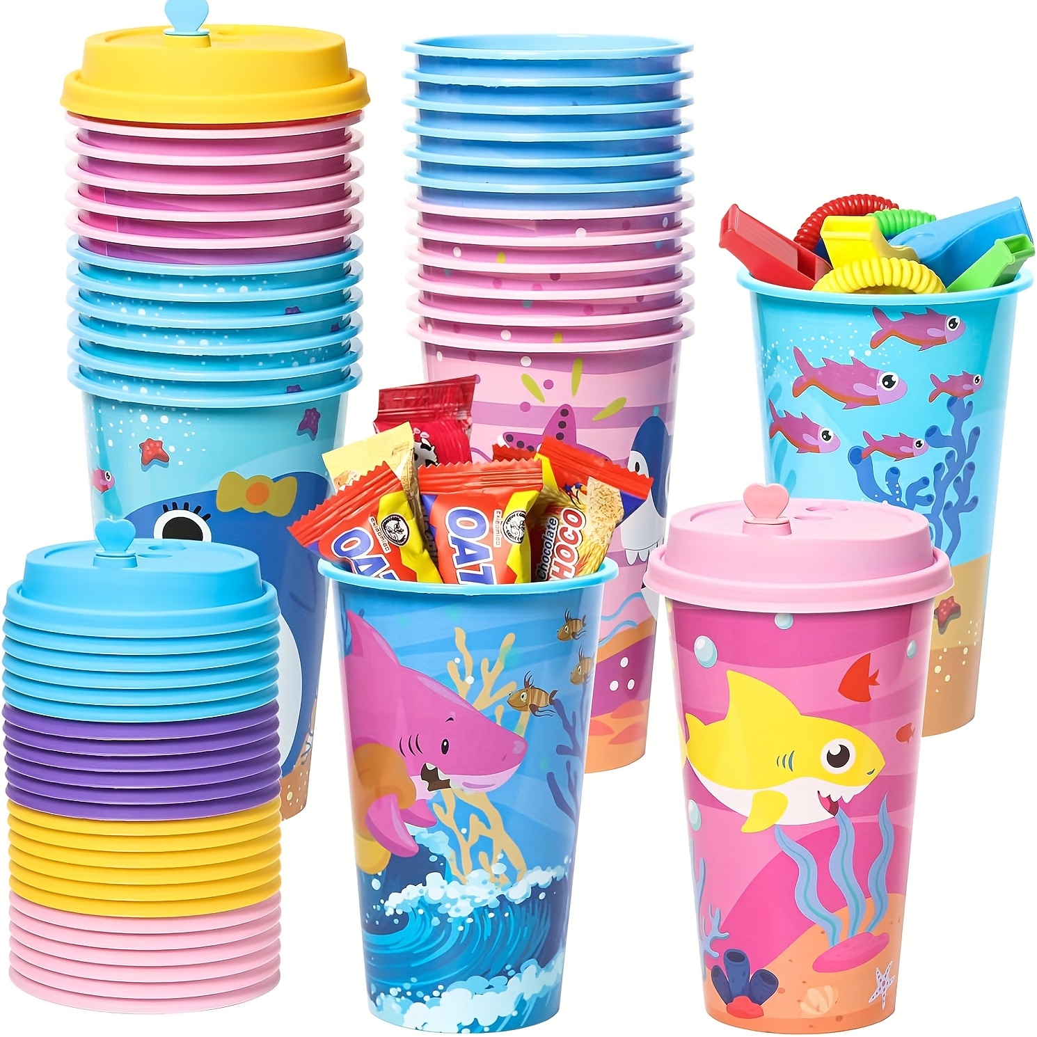 TEMU 24 Pack Favors Goodie Cups, 16oz Plastic Themed Reusable Party Supplies Cups Summer Party Beach Pool Birthday Party Supplies Stuffers