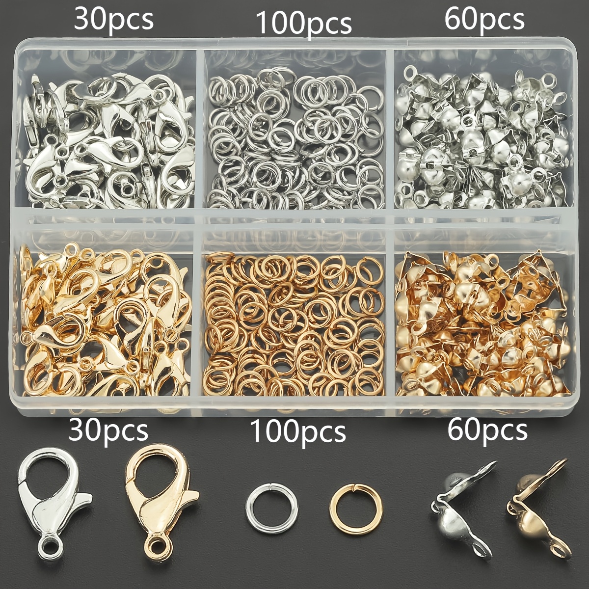 TEMU 380pcs Box (60pcs Lobster Clasps, 120pcs Jump Rings, 200pcs Split Rings) Kc Golden white K Making Supplies Suitable For Handmade Necklaces,