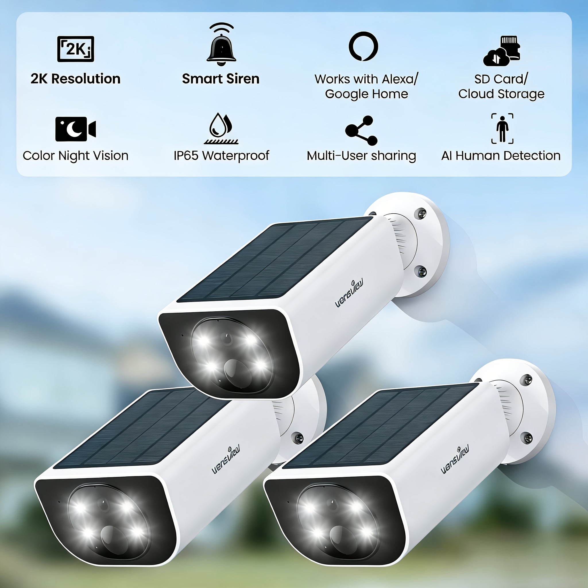 TEMU 3pcs Wansview Solar Security Camera Outdoor, Wireless Security Camera, 2k Hd Resolution, Color Night Vision, Motion Detection, Sd Card/cloud