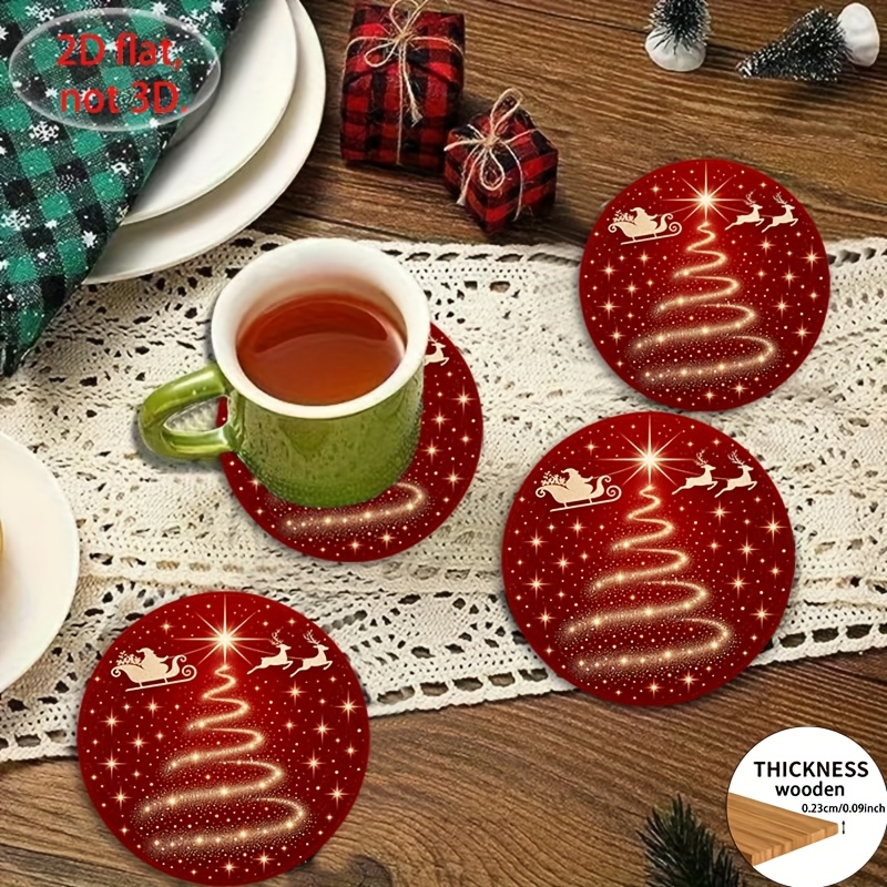 TEMU 4pcs Red Background Starlight Christmas Tree Wooden Coasters, 2d Flat Printed Round Heat Insulation Pads,, Non-slip, And Heat-resistant Wooden