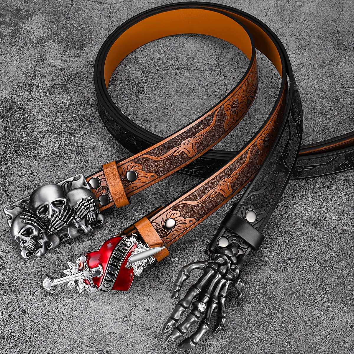 Skull Print Faux Leather Belt Caramel
