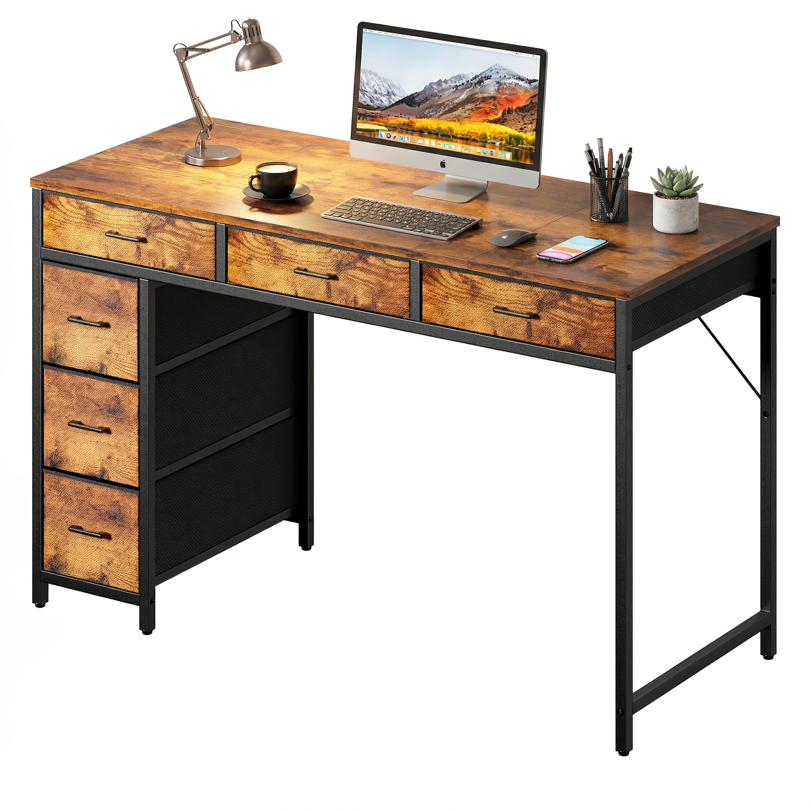 Image of 47 Inch Office Desk With 6 Drawers, Black/brown/white/gray Computer Desk With Storage, Modern Wood Writing Desk For Home Office, Bedroom, Gaming, Study