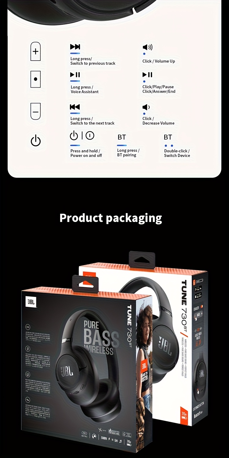JBL TUNE 730BT Wireless Over-Ear Headphones Designed for Sports, Featuring a Remarkable 76-Hour Battery Life, Noise Cancellation for Calls, Dual Microphones, And Suitable for Gaming And Computer Use, New Model for 2025