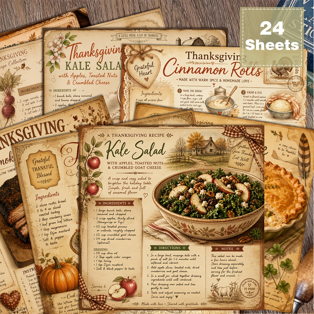 TEMU 24pcs 6x6 Inch Vintage Thanksgiving Recipe Aesthetic /journal, Suitable For Collage, Origami, And Handcraft Materials, Paper, Handmade