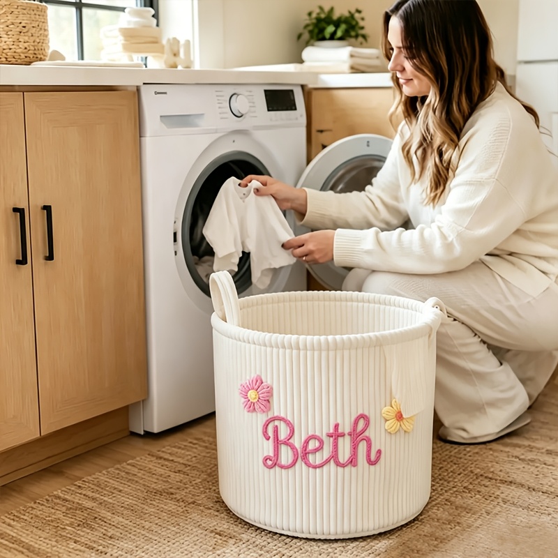 Personalized Name Corduroy Storage Basket with Carry Handle, Large Capacity