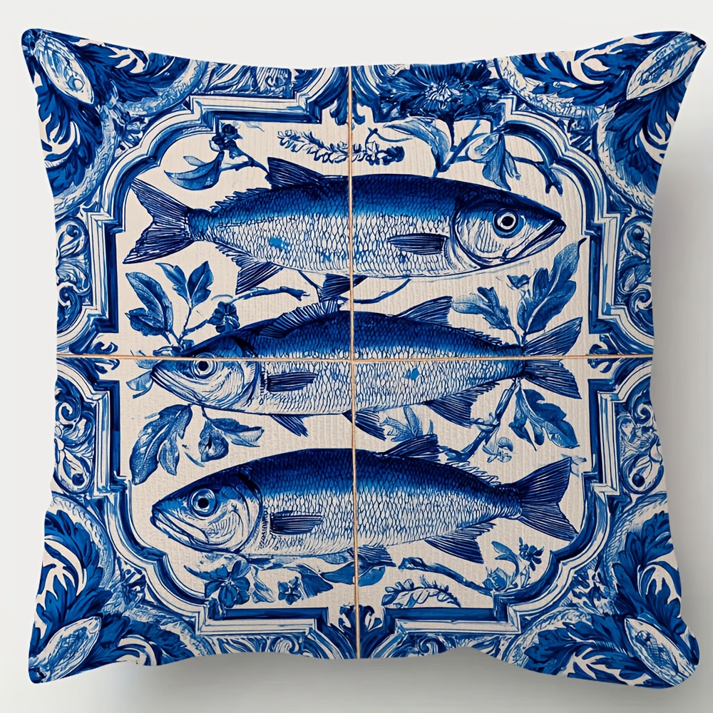 TEMU 1pc, Double-side Short Pillow Case, Portuguese Azulejo With V2 Throw Pillow Covers, 18inch*18inch, Suitable For Sofa, Living Room, Bedroom,