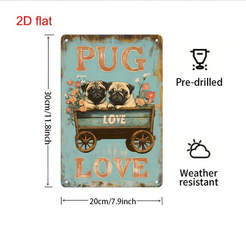 TEMU 2d Flat - 1pc Vintage Metal Wall Decor Sign | Pug Dog Decoration With Pugs In Wagon, Turquoise & Brown Retro Farmhouse Style - Heavy-duty Iron