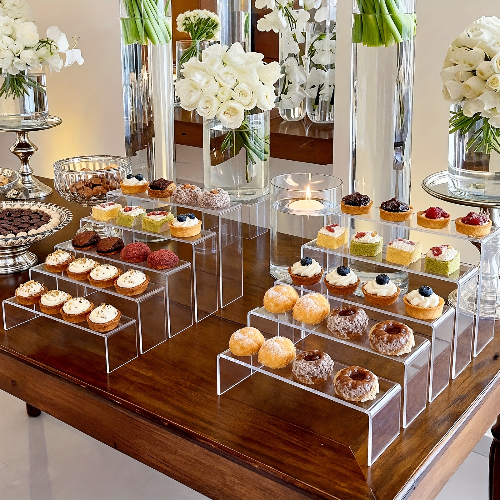   10 12 15 20pcs acrylic display stand set for showcase and food   displays transparent food organizer rack acrylic display stands suitable for displaying figurines cupcakes jewelry perfumes etc   in multiple sizes