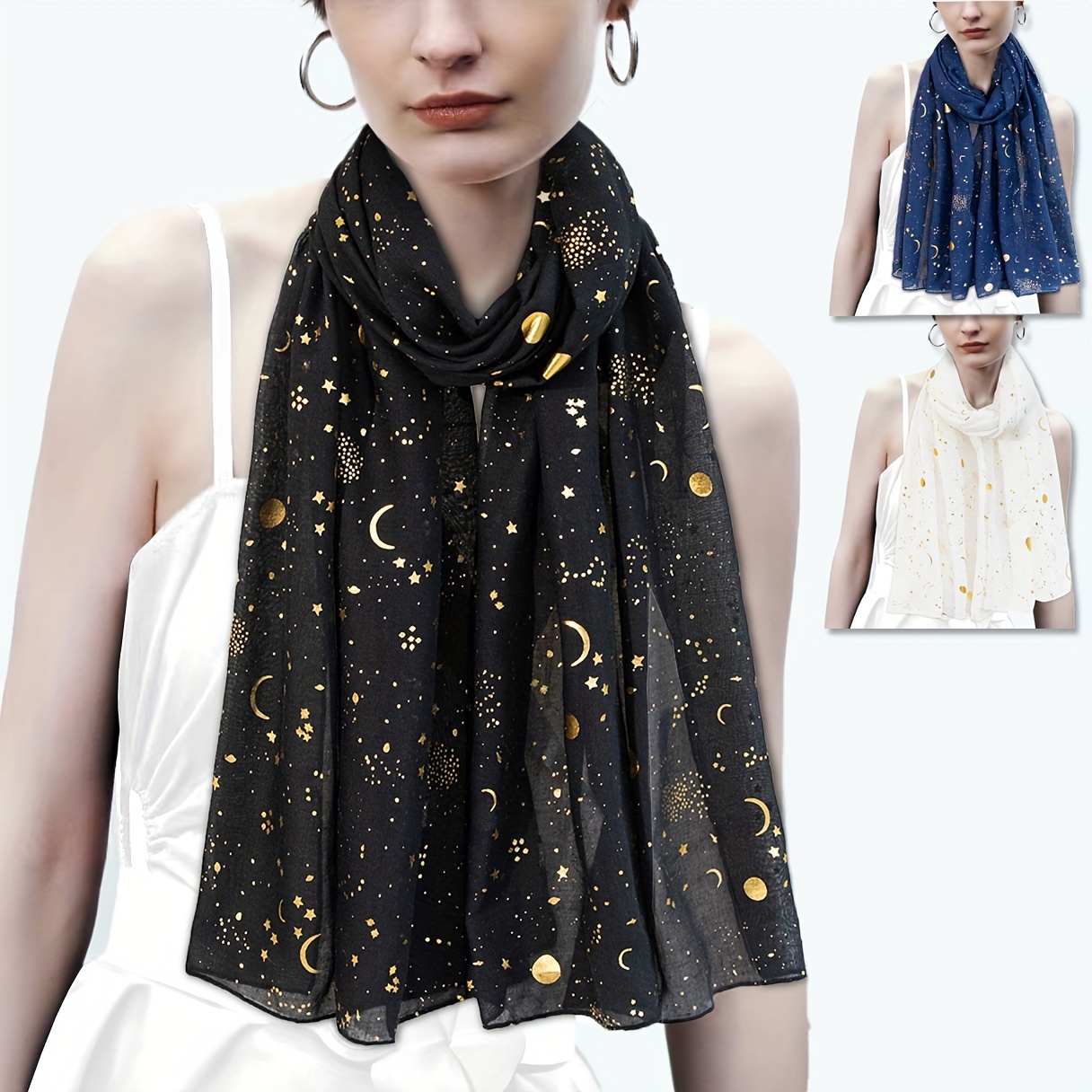 

Starry Sky Hot Stamping Scarf Vintage Thin Breathable Shawl Solid Color Head Wraps Casual Imitation Silk Travel Beach Towel For Eid