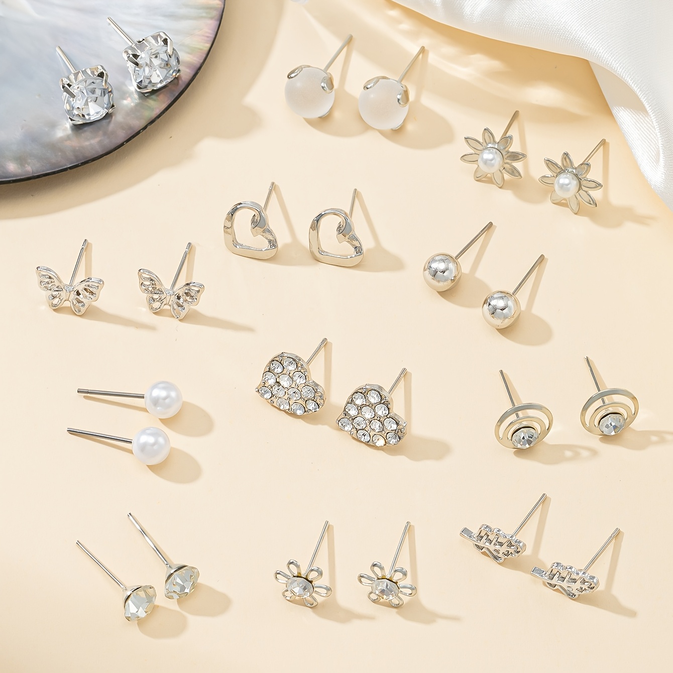 12 Pairs Cute Heart-Shaped Flower Stud Earrings Set, Gift Ready