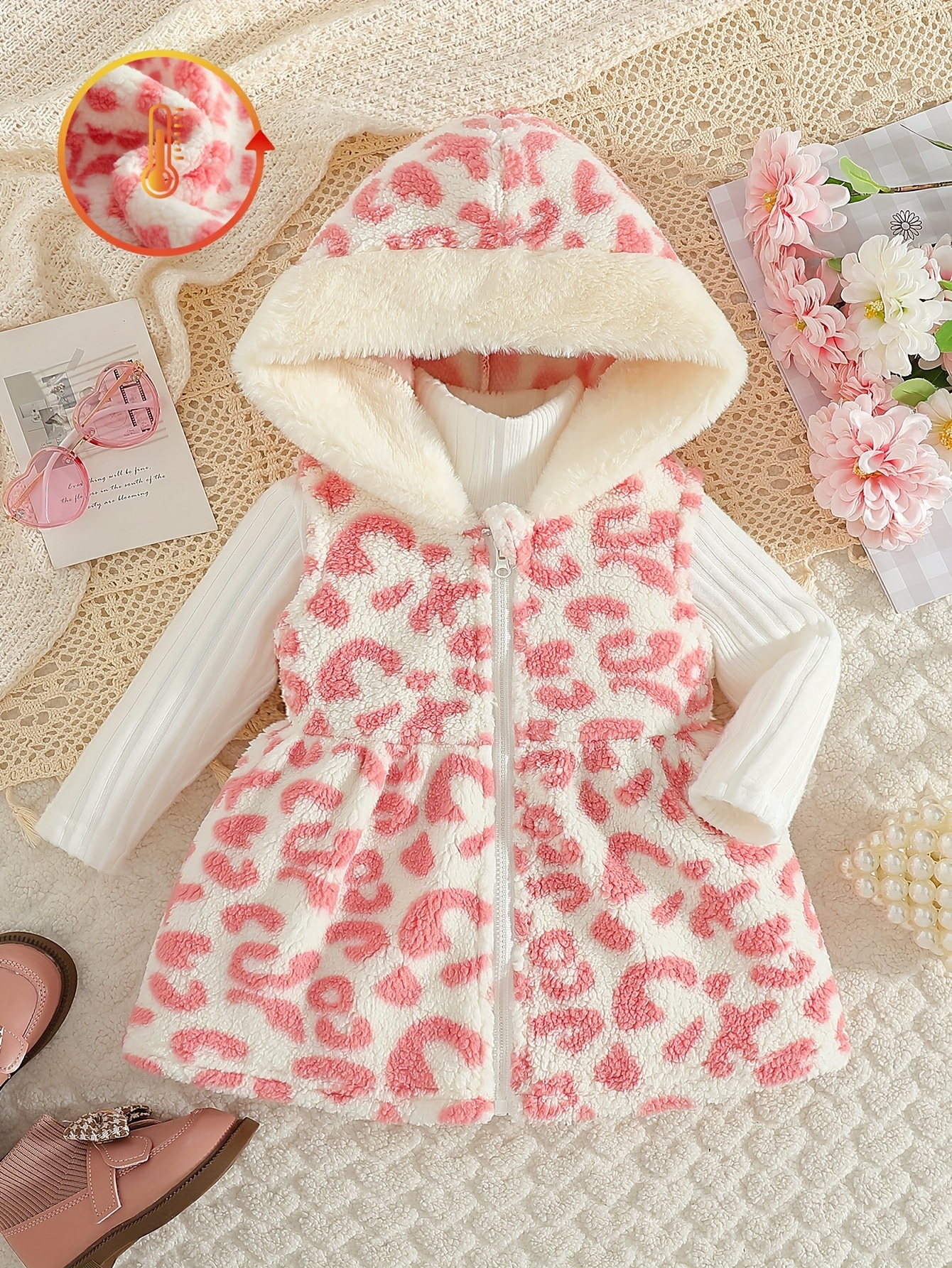 girls' autumn winter hooded velvet print zipper dress white Temu