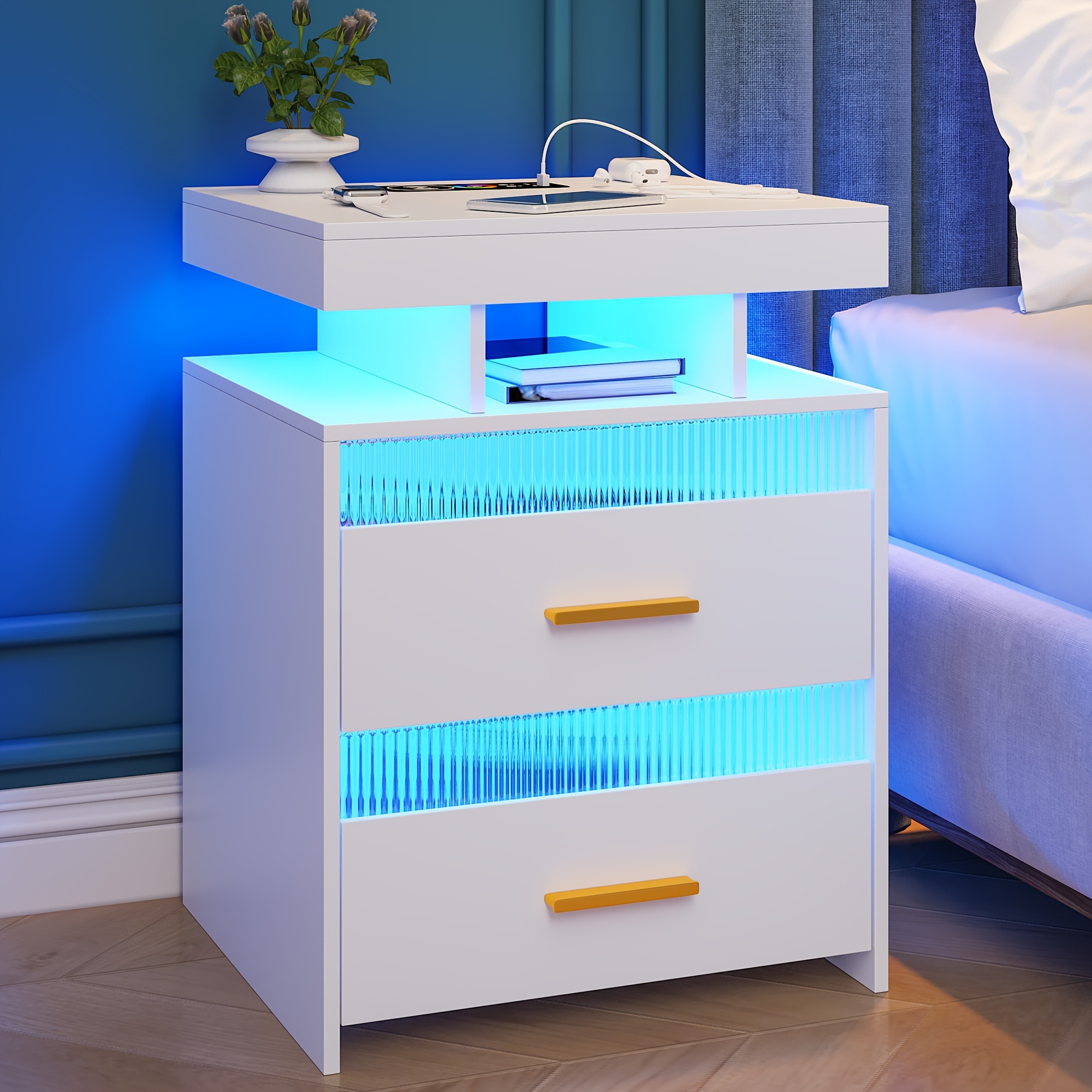 

Hnebc Night Stand With Rgb Lights, Smart Nightstand With Wireless Charging Station, Led Bedside Table With Sensor Lights And 2 Storage Drawers, Modern Bedroom Furniture