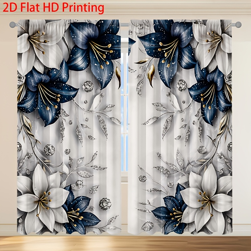 TEMU 2D Плоскі штори - 2D Плоскі штори - 2D Плоскі штори 2 шт, Європейський розкіш темно-синій з ліліями, напівпрозорі, з кишенею для карниза,