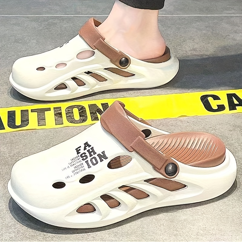 mens trendy street style color block hollow out chunky clogs comfy non slip durable anti odor eva slippers for mens outdoor activities details 3