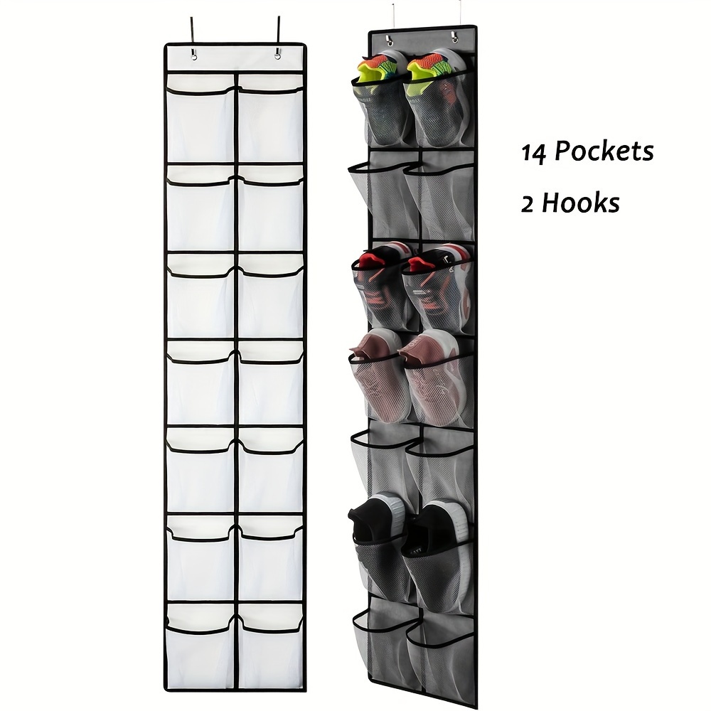 

14-pocket Over-the-door Shoe Organizer, Large Mesh Pockets Hanging Shoe Rack, Grey And White, For Closet Storage, Art Supplies, Crafts, Sewing, And More