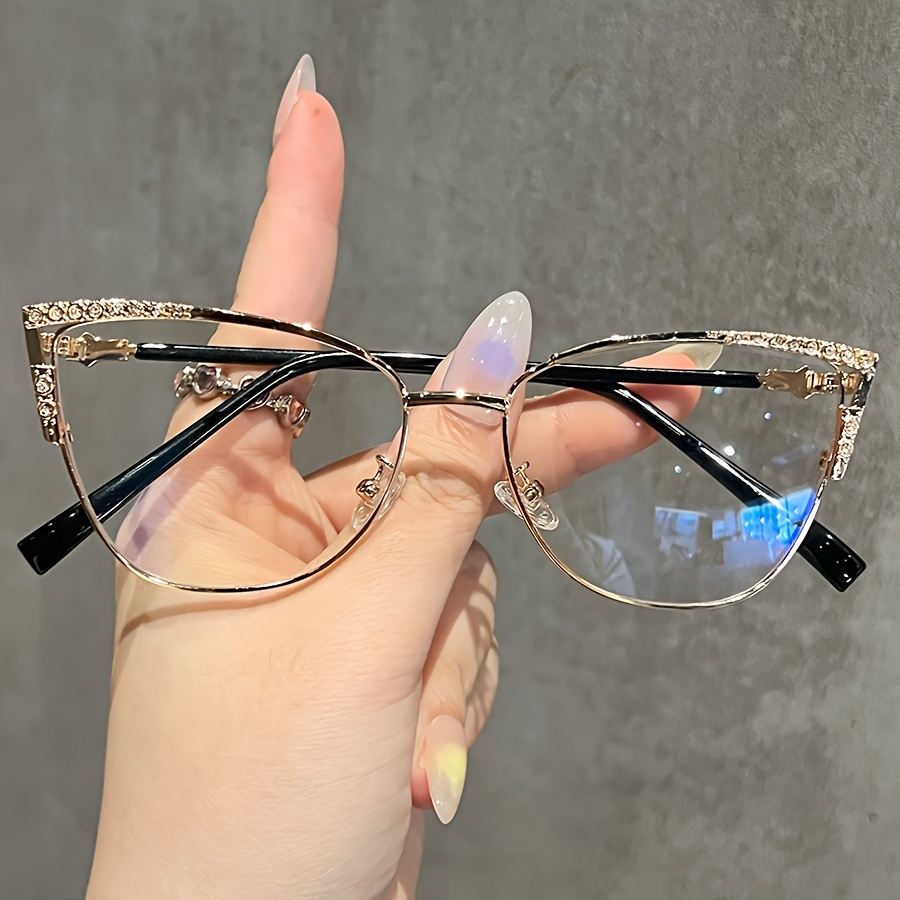 Image of 1pc Women's Fashion Plain Glasses 2024 Trendy Simple Exquisite Light High-end Cat-eye Rhinestone Plain Glasses With Decorative Metal Hinges, Suitable For Daily Decoration And Versatile Use