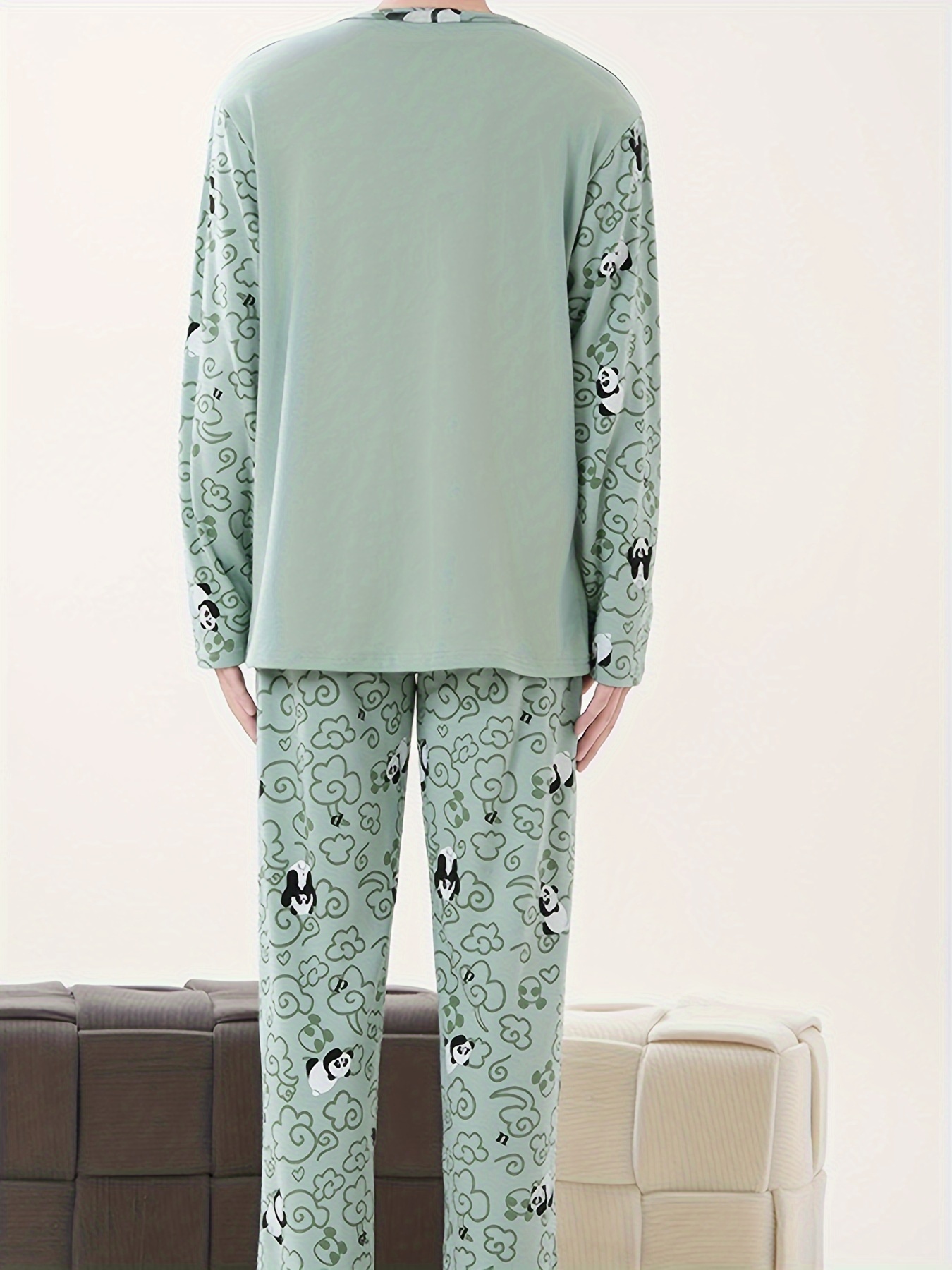 mens cozy pajama set for fall winter light green long sleeve crew neck top elastic waist pants with pockets casual animal print loungewear machine washable details 3