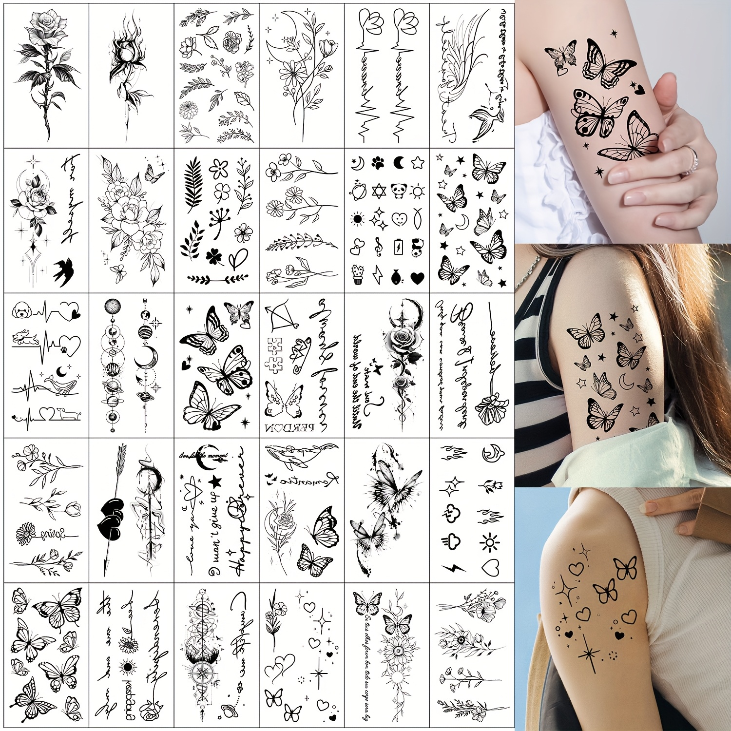 Image of 30 Temporary Tattoos, Black Sketch Floral Heart Text Patterns Fake Tattoo Stickers, Mixed Design Styles, Body Finger Wrist Art Makeup Fake Tattoo Stickers For Women, Suitable For Party Makeup