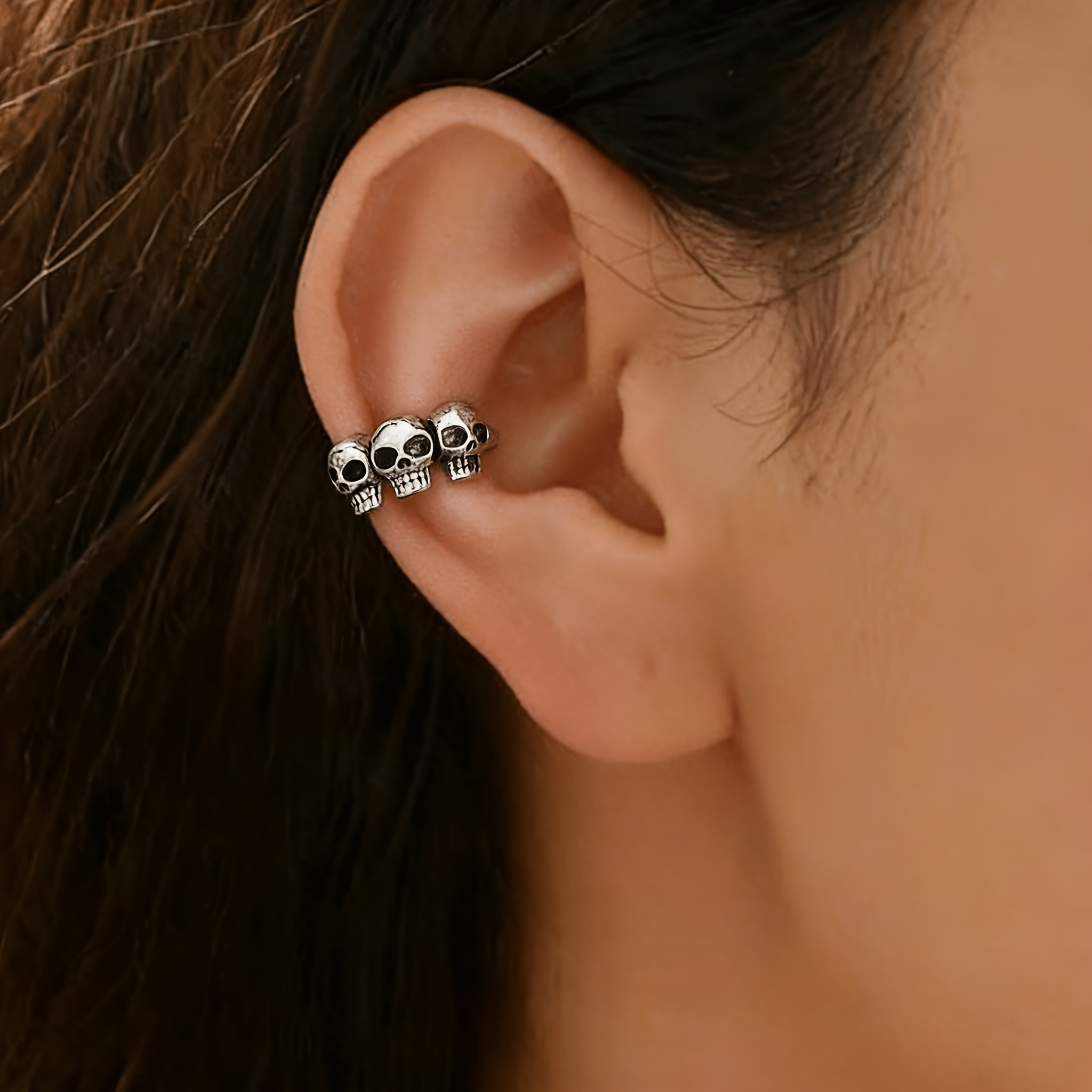 TEMU 1pc Clip para Oreja Cabeza de Calavera Individual Sin Agujero en , Estilo Vintage Roto Frío, , Cool, Fantasma, , Combinable , Joyería Individual