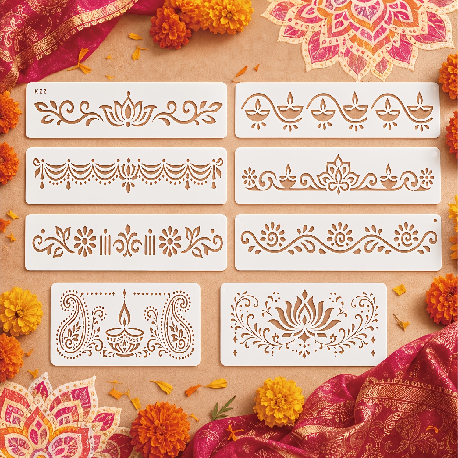 TEMU Kzz 8pcs Reusable Diwali Stencils Suitable For Wood Signs, Walls, Canvas - Hollow Templates With Lotus, Paisley & Borders For Hindu Festival Diy