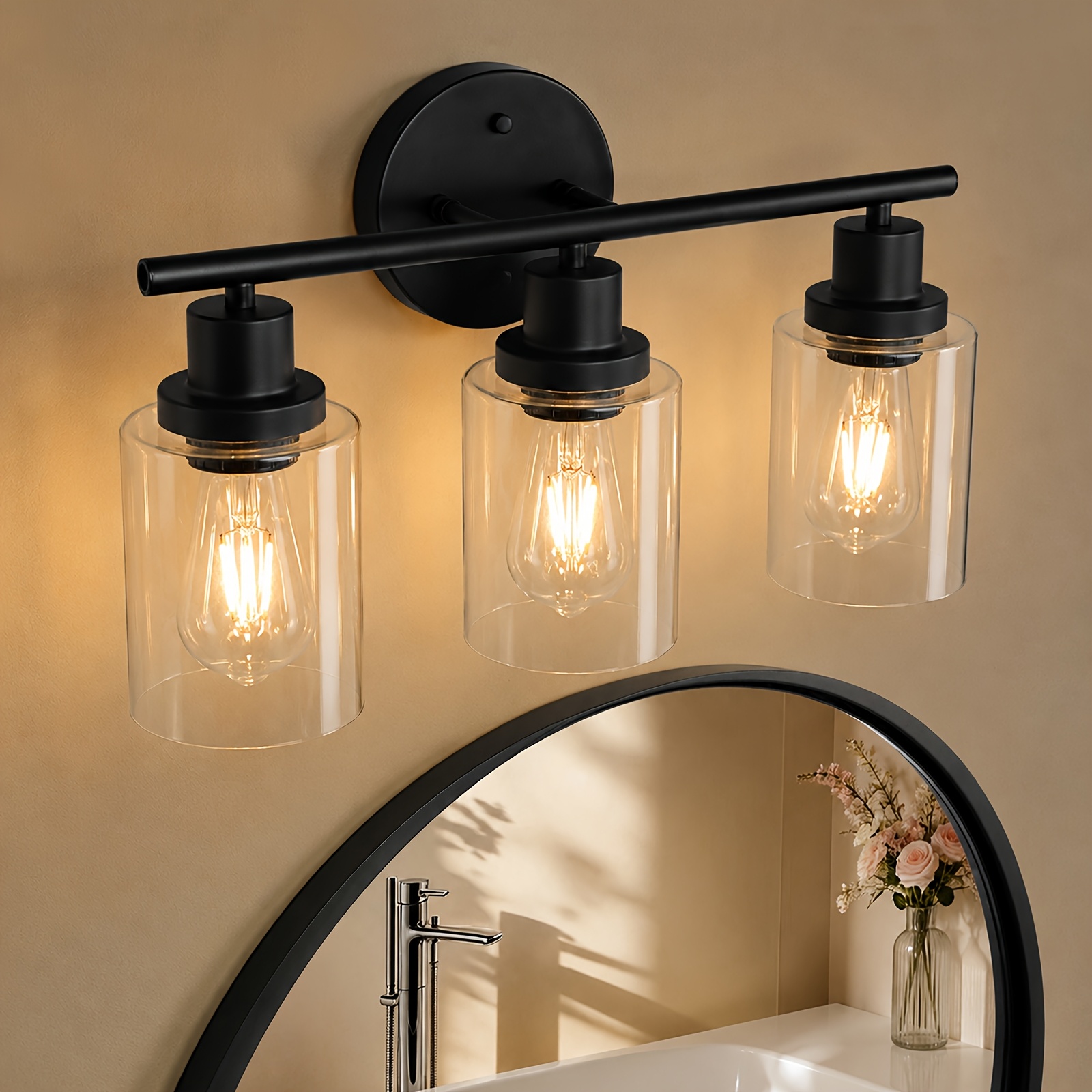 TEMU 3 Light Modern Vanity Wall Sconce, Sand Nickel/ Black Bathroom Mirror Light With Clear Glass Shade, E26 Socket, Wall Mounted Lighting For