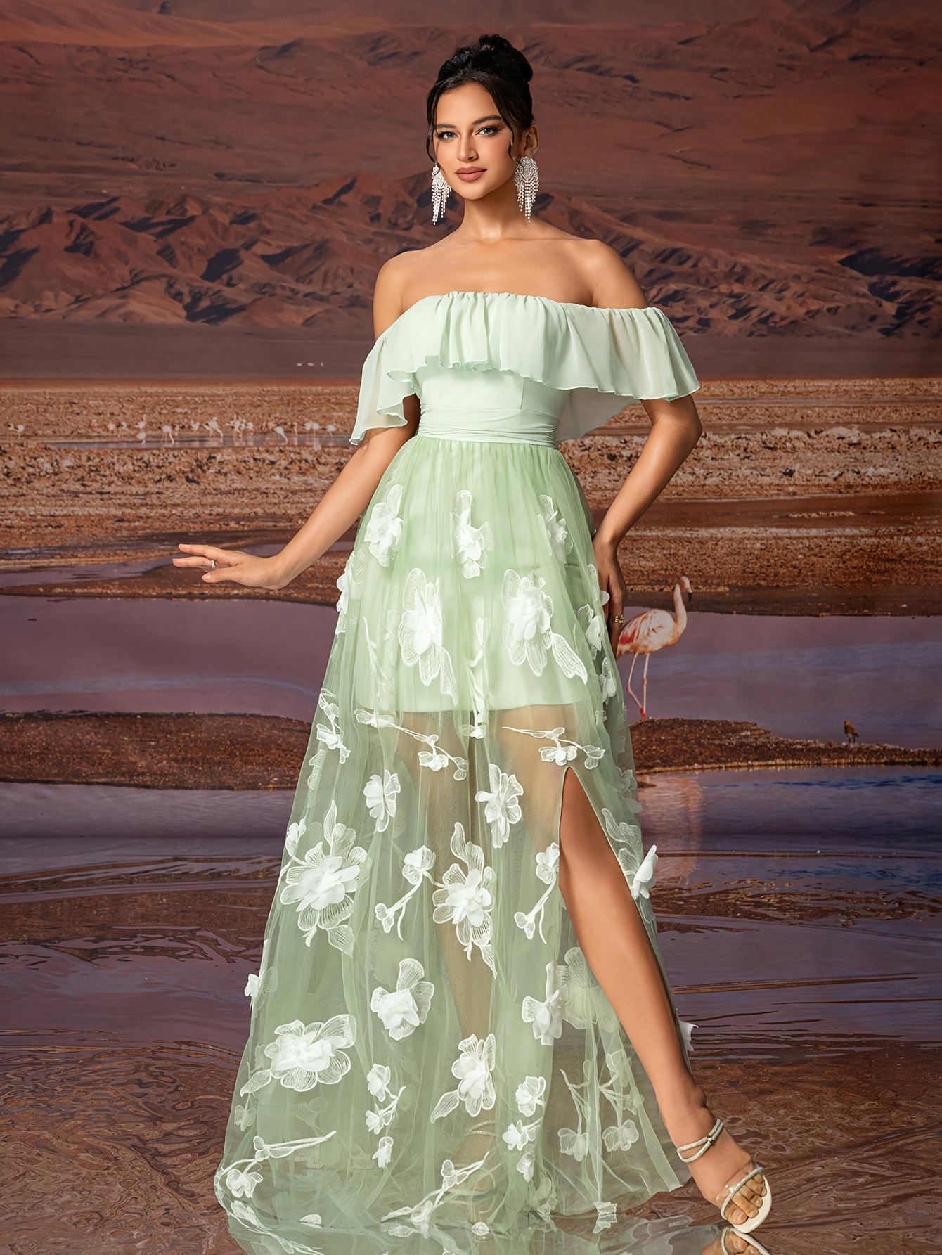 green emerald velvet dress FLOWY STRETCH SATIN GOWN – Dave & Johnny main image 0