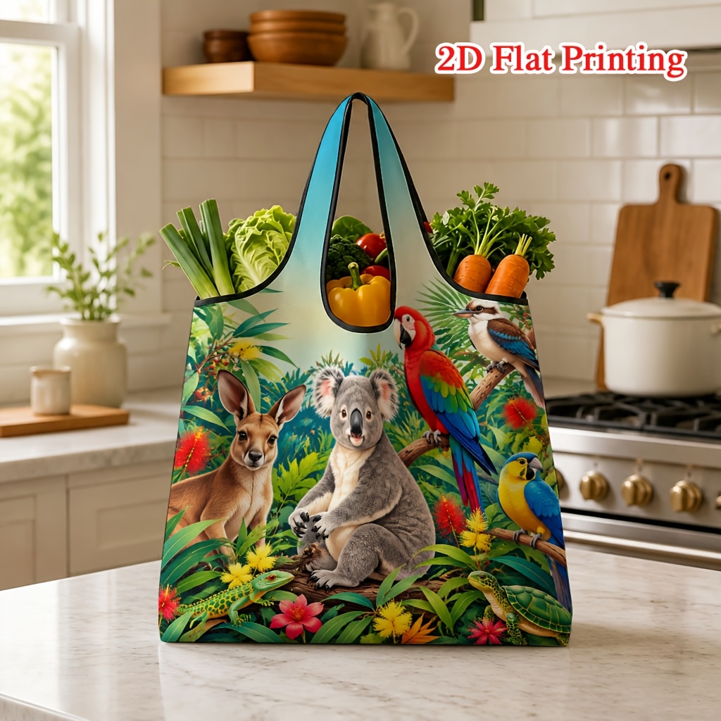 TEMU 1pc Jungle Koala Kangaroo Parrot Animal Green Plant Pattern 2d Printed Crossbody Bag, Foldable Tote Bag, Suitable For Supermarket, Travel, And