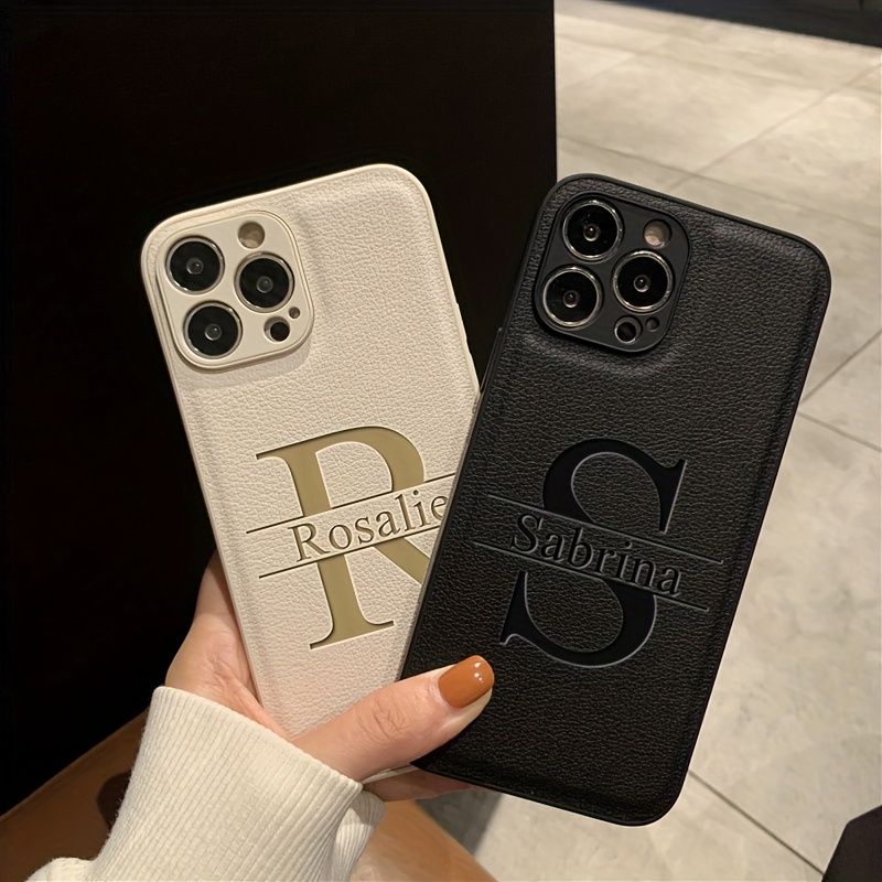 Personalized Customized Initials Name Big Letter Phone Case for iPhone 16 15 14 13 12 11 Pro Max Luxury Laser Engraving Soft Faux Leather Shockproof DIY Engraved Gift Cover 16 15 14 Plus