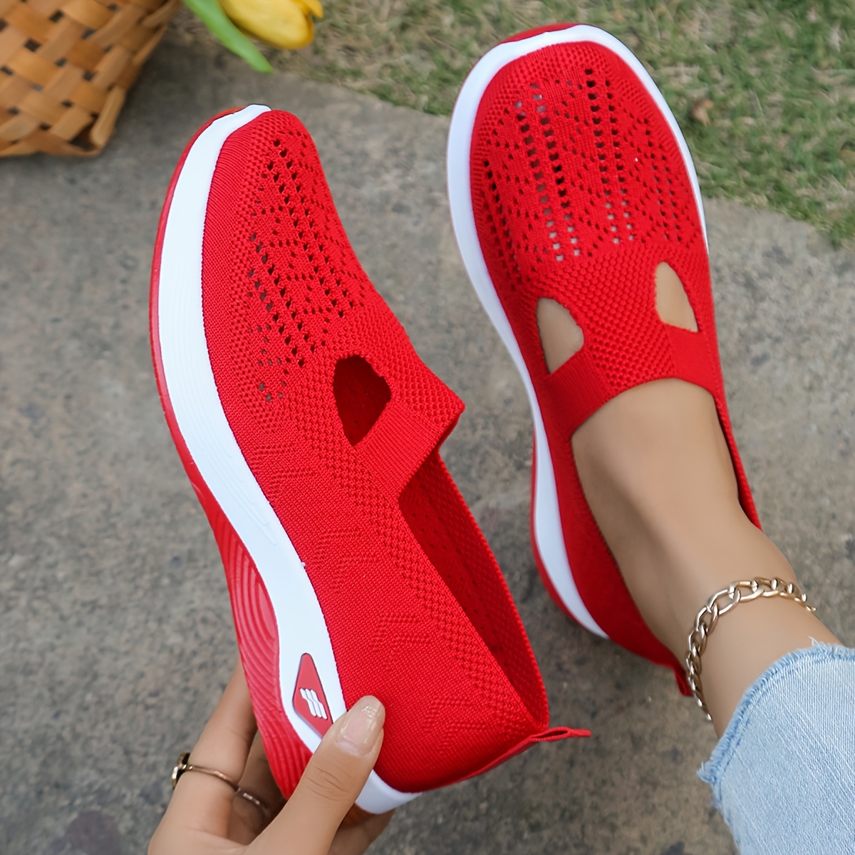 1 Pair Women'S Breathable Open Toe Sneakers, Casual All-Season Slip-On Walking Shoes, Lightweight Flat Sole with Solid Color Design, Comfortable Fabric Upper/Inner and Faux Sole