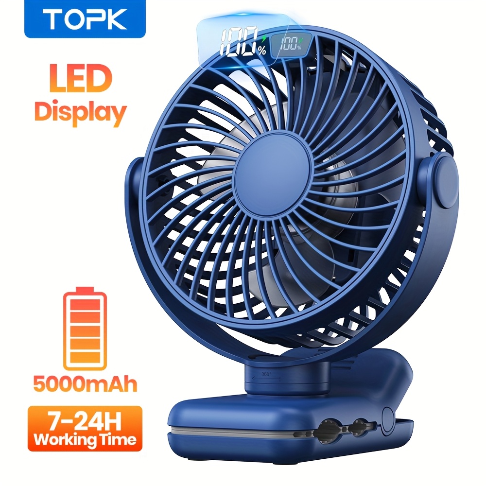 TEMU Topk Portable Clip On Fan, 5000mah Small Rechargeable Fan, Battery Operated, 4 , 720° Rotation, , Personal Cooling Desk Fan