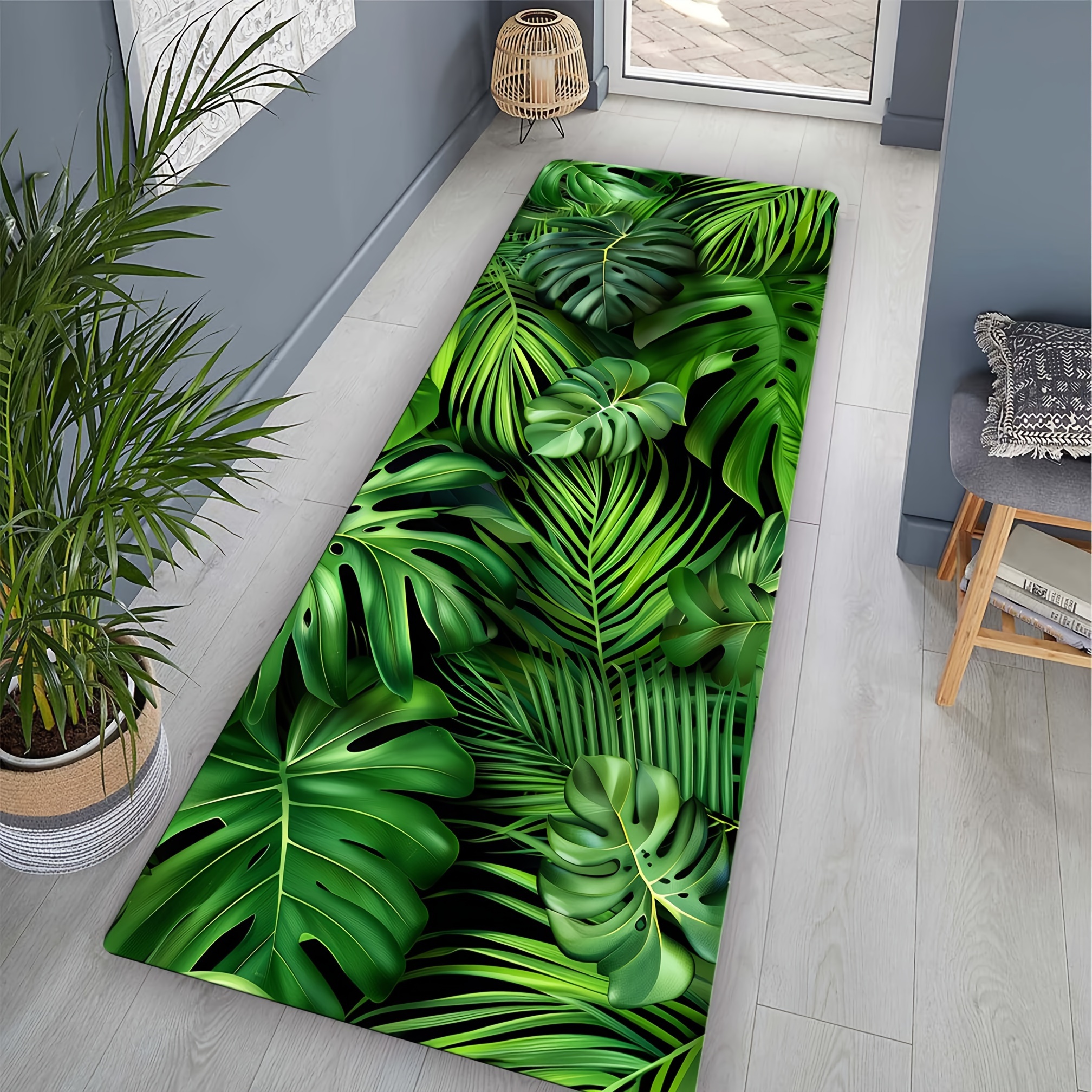 

Green Leaf Pattern Soft Non-slip Area Rug For Living Room And Kitchen, Machine Made Polyester Braided Mat, Hand Wash Only, Rectangle Shape With 480gsm Weight And 1cm Thickness