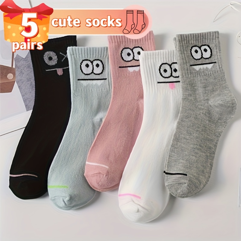 

5 Pairs Ladies' Cute Cartoon Printed Ankle Socks, Comfortable Breathable Polyester Casual Sports Socks For All