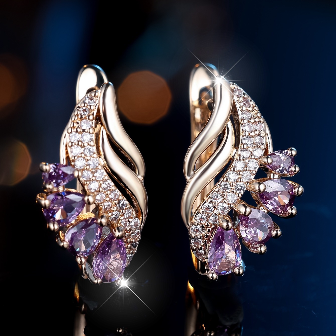 TEMU 1 Pair Angol Women's Elegant Purple Water Drop Synthetic Zirconia Earrings - Luxury Kc Golden Plated Drop Jewelry With Teardrop, Wedding Party