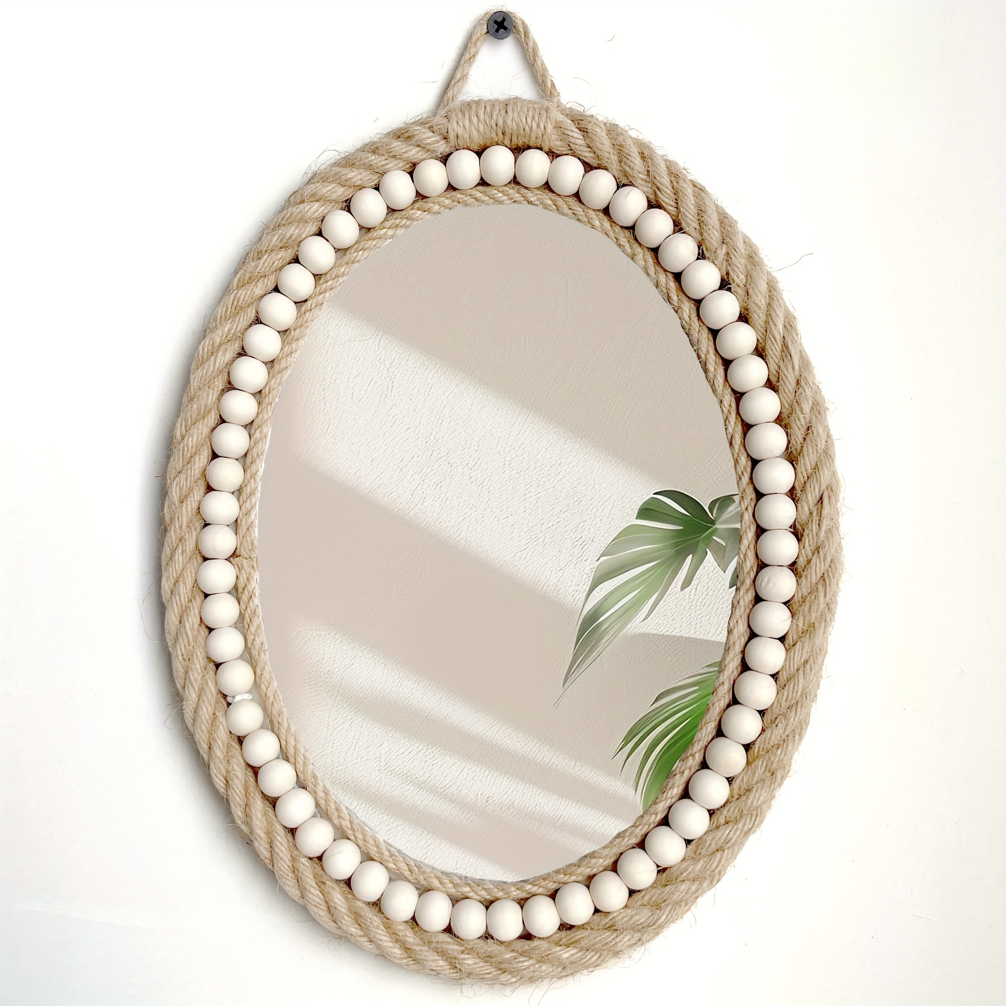 Image of 1pc Of Bohemian-style Wall-mounted Mirror Featuring An Elliptical Shape, With Hand- Hemp Rope And Wooden Beads, Ideal For Wall Decoration