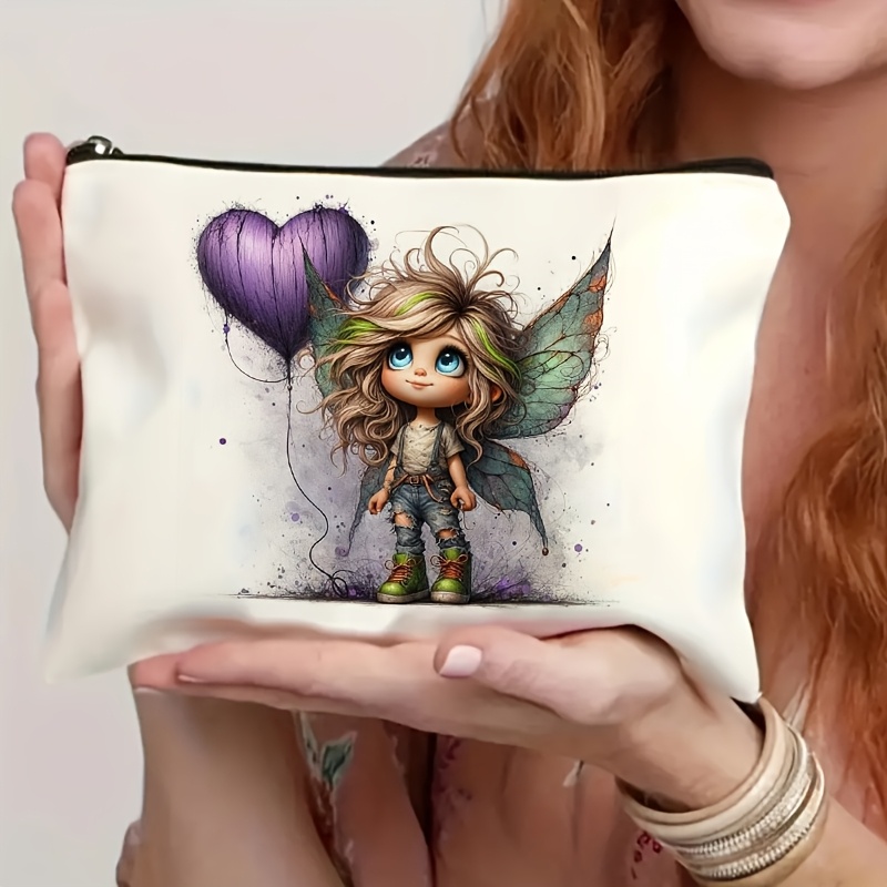 TEMU 1pc, Cute Love Balloon Wings Girl Pattern Makeup Bag, Lightweight Foldable Travel Storage Bag, Double Sided Printed Makeup Bag, Multi Functional