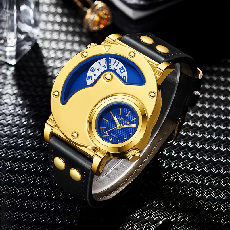 Elegant Men's Quartz Watch with Dual Time Display - Golden-Tone, Faux Leather Strap, Business Style