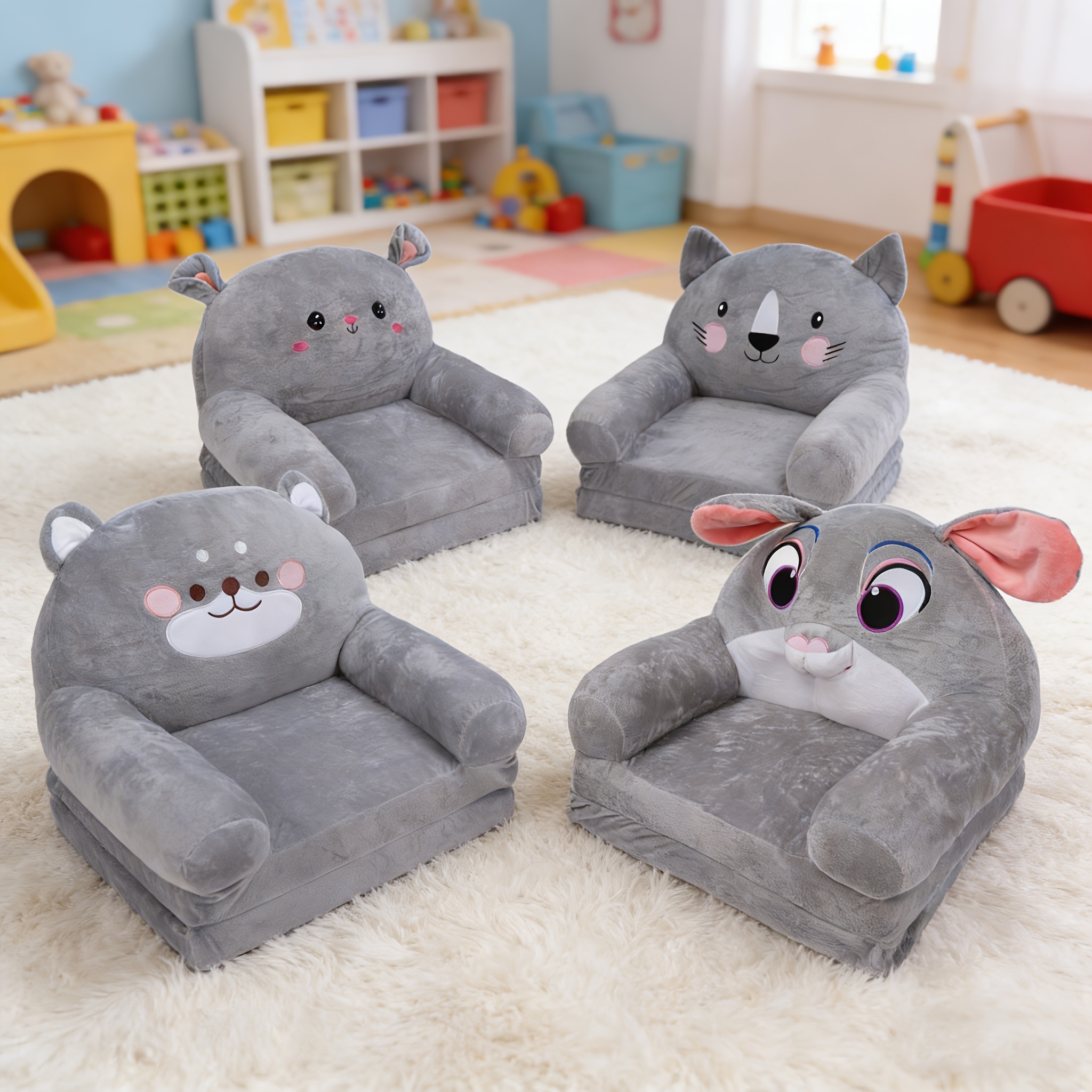 Cozy Kid Folding Sofa, Plush, Washable Lounge Chair for Playroom & Nursery, Gray Dog Style Foldable Wide Handle Soft Breathable Toddler Chair for Reading Relaxing Sleeping(2 Layers)